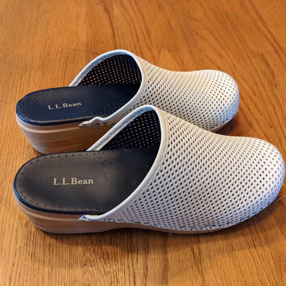 LL Bean White Perforated Leather Clogs 9M